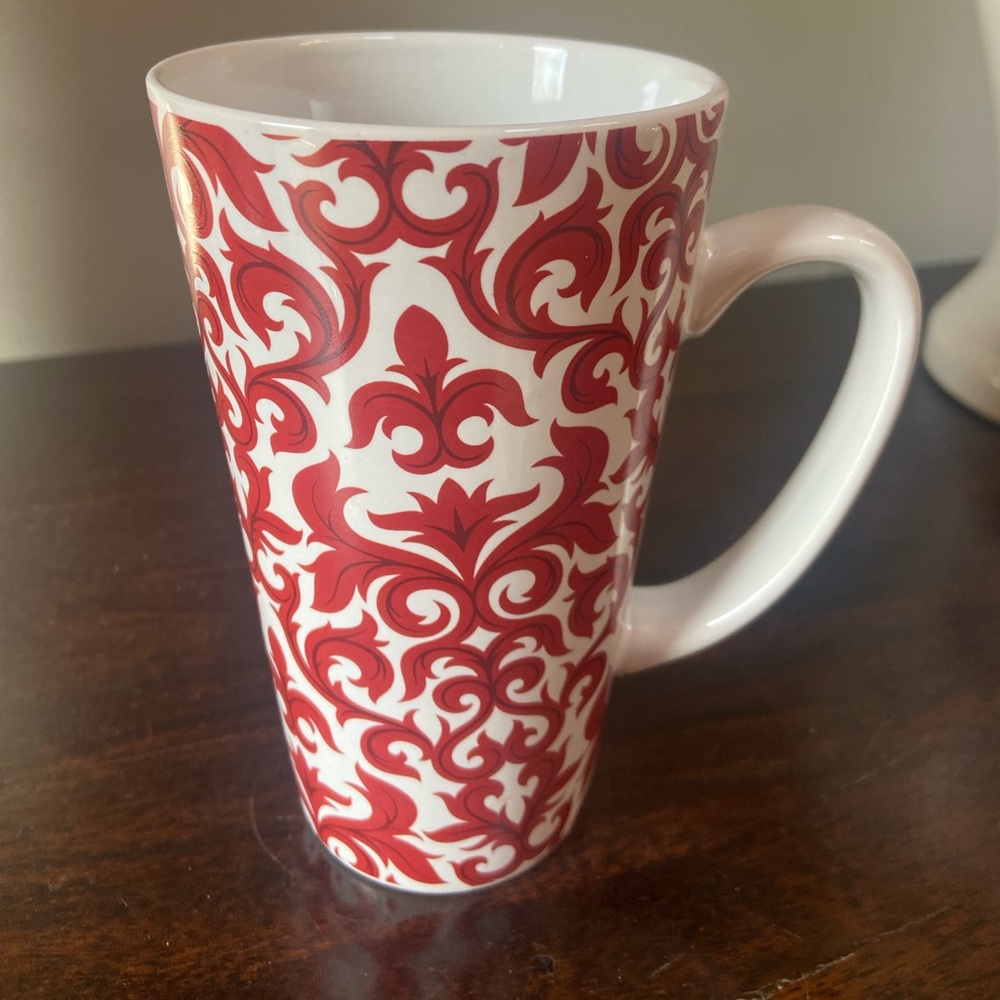Tall red and white mug